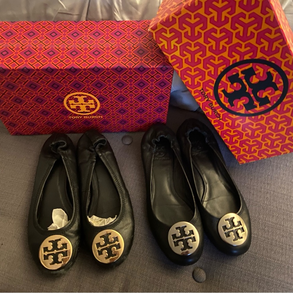 Tory Burch Black Flats with Gold Emblem